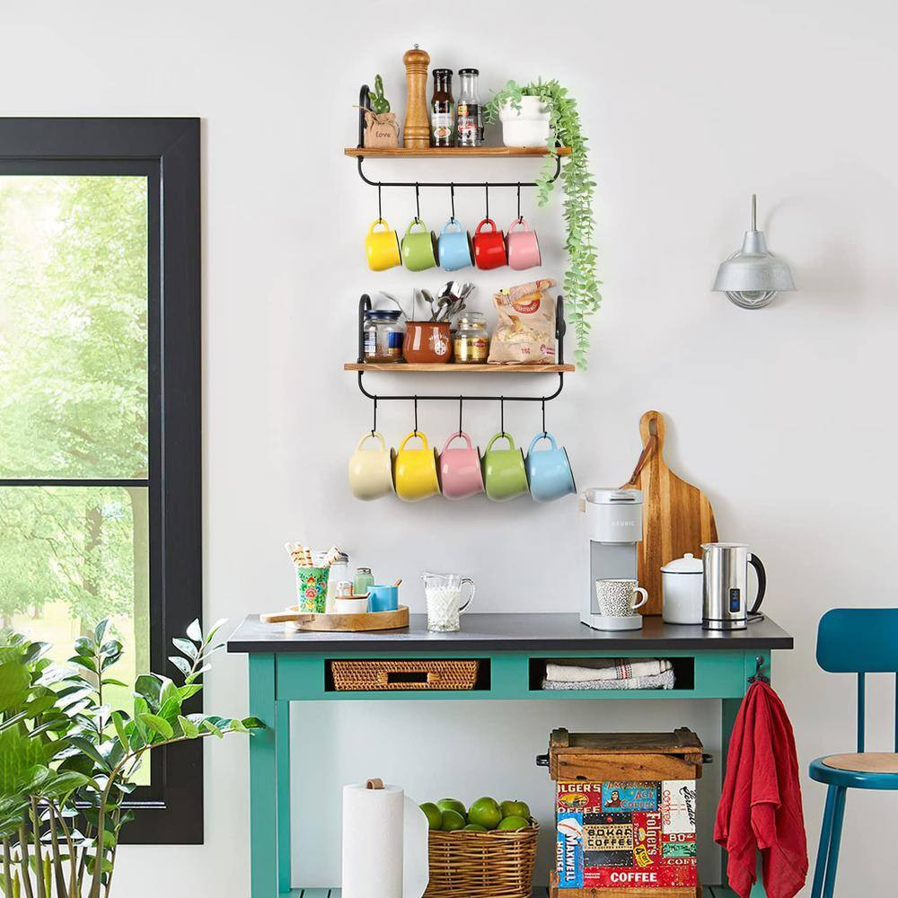 Floating Wall Shelves for Kitchen Bathroom Coffee Nook with 10 Adjustable Hooks