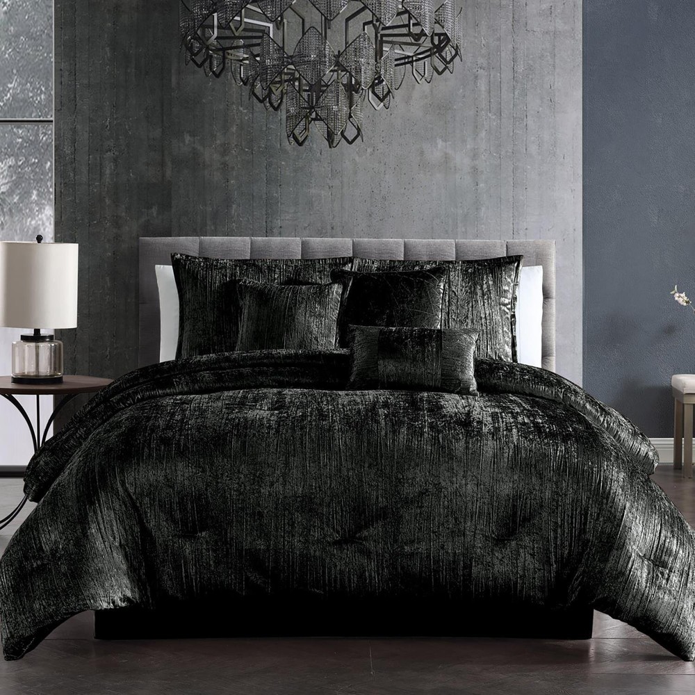 Solid Black Crinkled Velvet 7 pc Comforter Set Queen King Glam Elegant Bedding