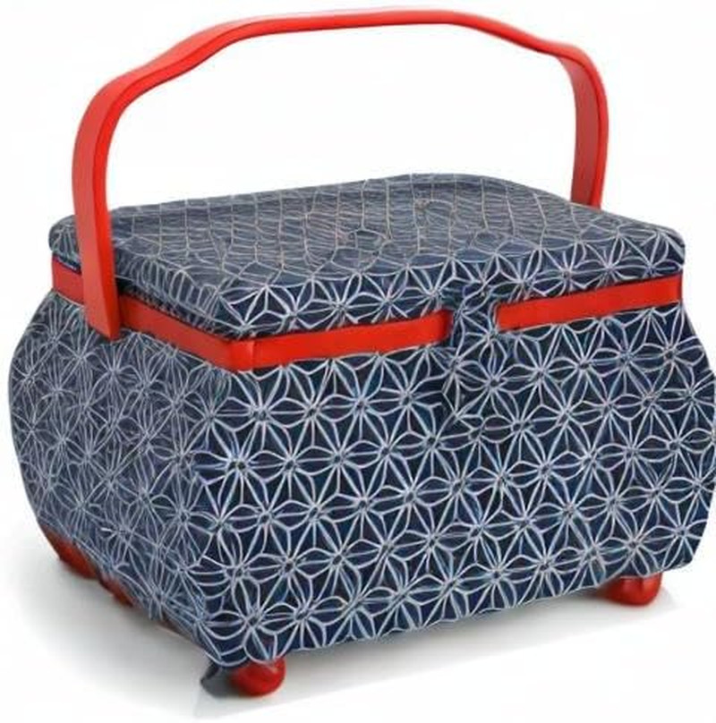 Large Curved Sewing Basket, Navy & Red Geometric