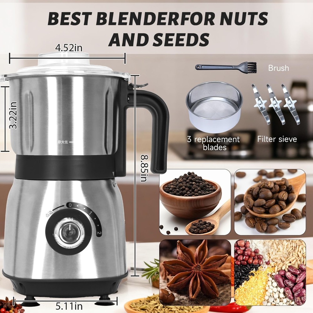 Versatile Kitchen Grinder | 500W Electric Mill | Grinds Spices, Nuts, Grains,...