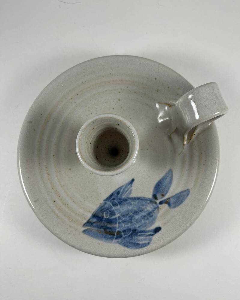 Pottery Chamberstick Candle Holder Signed. As Is.