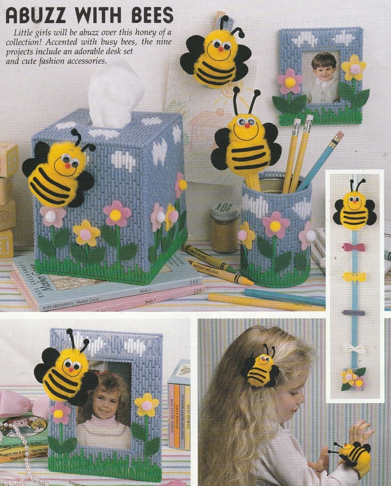 Bee Barrette,Bracelet,Tissue Cover,Picture Frame +- Plastic Canvas Pattern ONLY