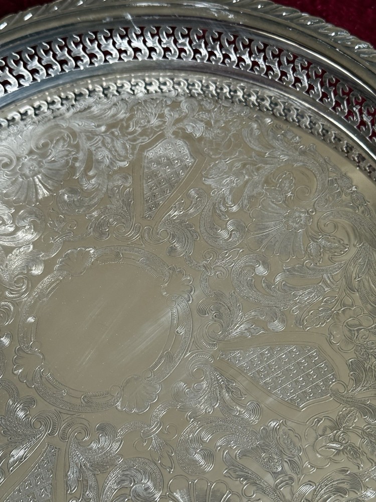 VTG Silver-plate 13” Tray Oneida USA with Scroll Etching Raised Rim Pierced.