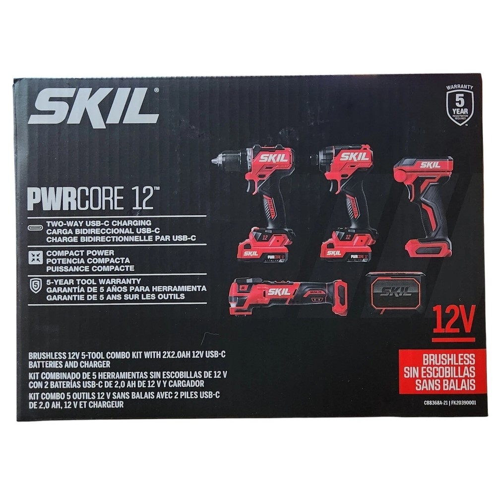 SKIL PWR CORE Brushless Power 5 Tool 12V Combo Kit Multi Tool Set Area Light NEW