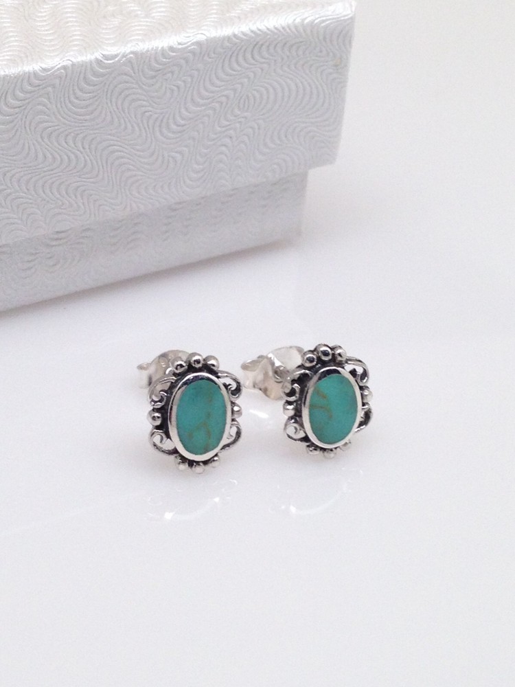 Lace Turquoise Stud Earrings 925 Sterling Silver Oval Post Stud Tiny 9mm(6.5mm)