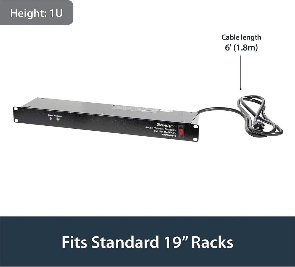 Rack Mountable Power Strip with Surge Protection - 8 Outlets
