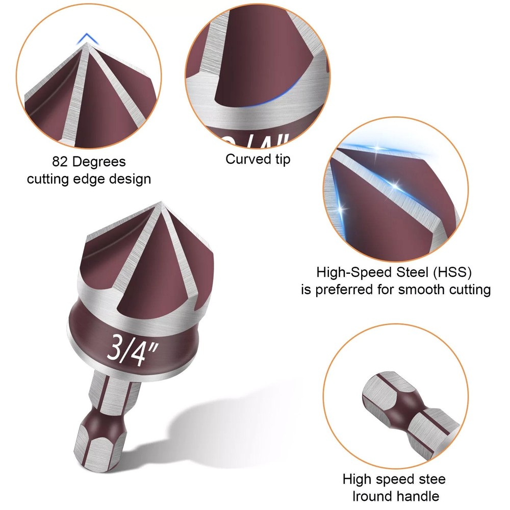 5pcs HSS Cobalt 82° Drill Bits, 5-Flute Deburring Set with 1/4"-3/4" Assorted