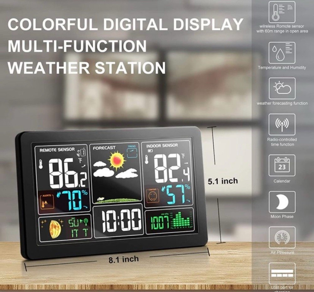 Color Screen Digital Weather Station 8.1x5.1in Multi-Function Indoor Sensor