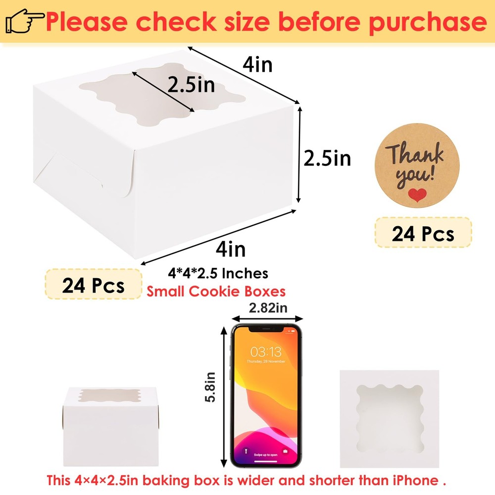 24pcs White Cookie Boxes with Window, 4x4x2.5 Inches Small Bakery Boxes with ...