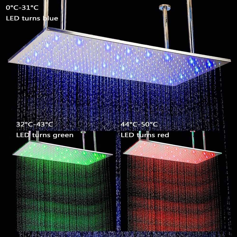 Ceiling Mounted 32x16" Square Rainfall Shower Head LED High Pressure Top Sprayer