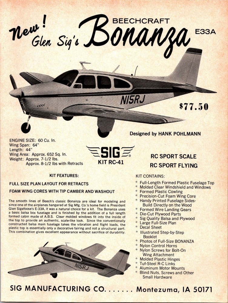 SIG Beechcraft Bonanza RC Airplane Kit Vintage Print Ad Wall Decor E33A
