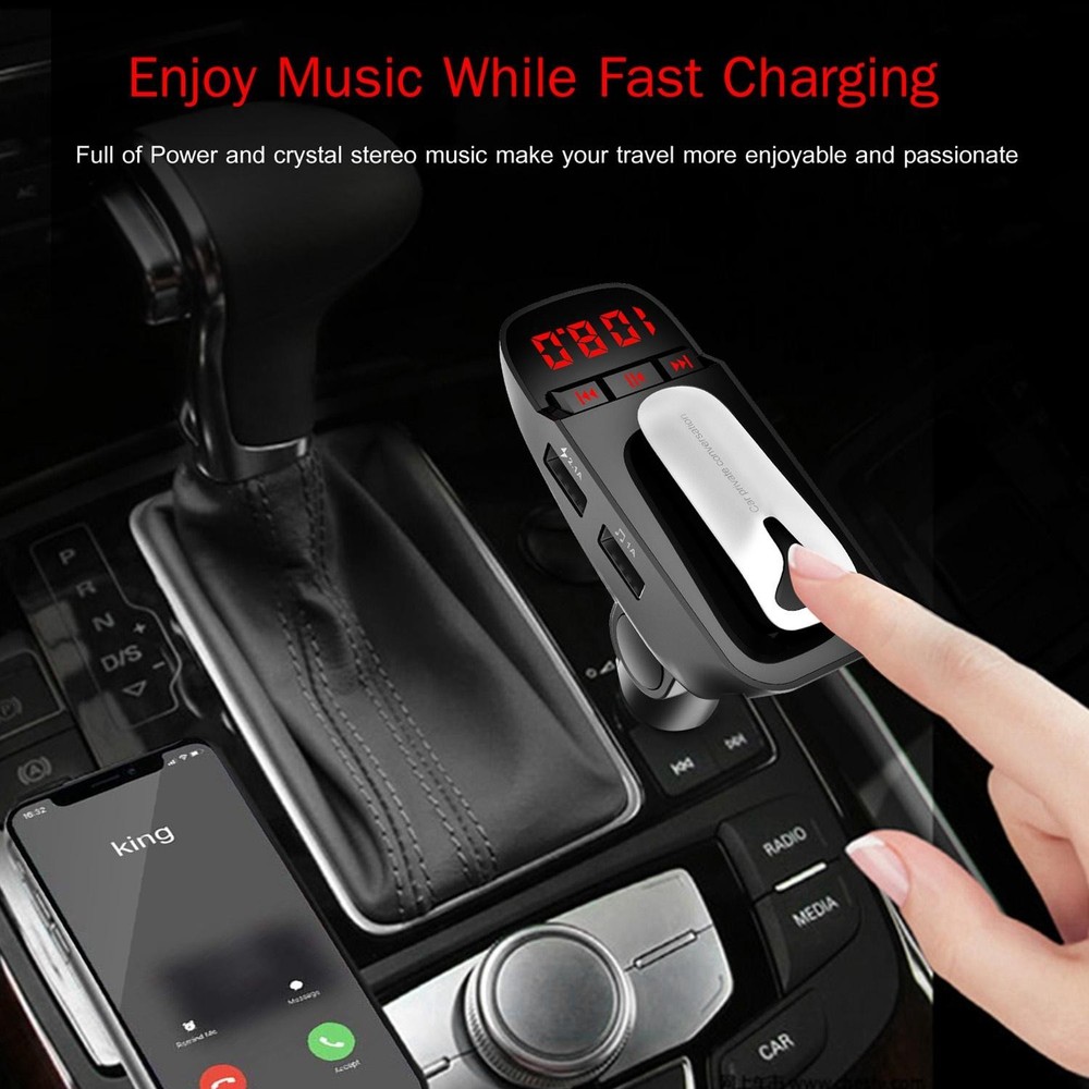 Car FM Transmitter w/ Wireless Earpiece 2 USB Charge Ports Hands-free Call MP3