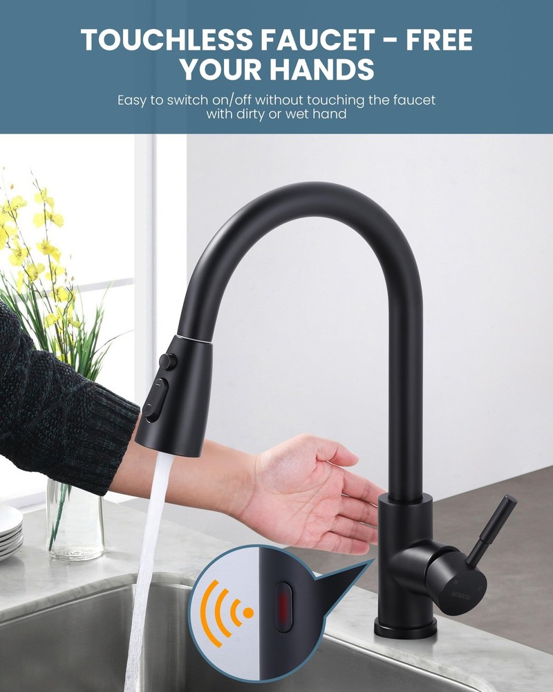 Touchless Kitchen Faucet with Sprayer, Smart Motion Sensor Matte Black Kitche...