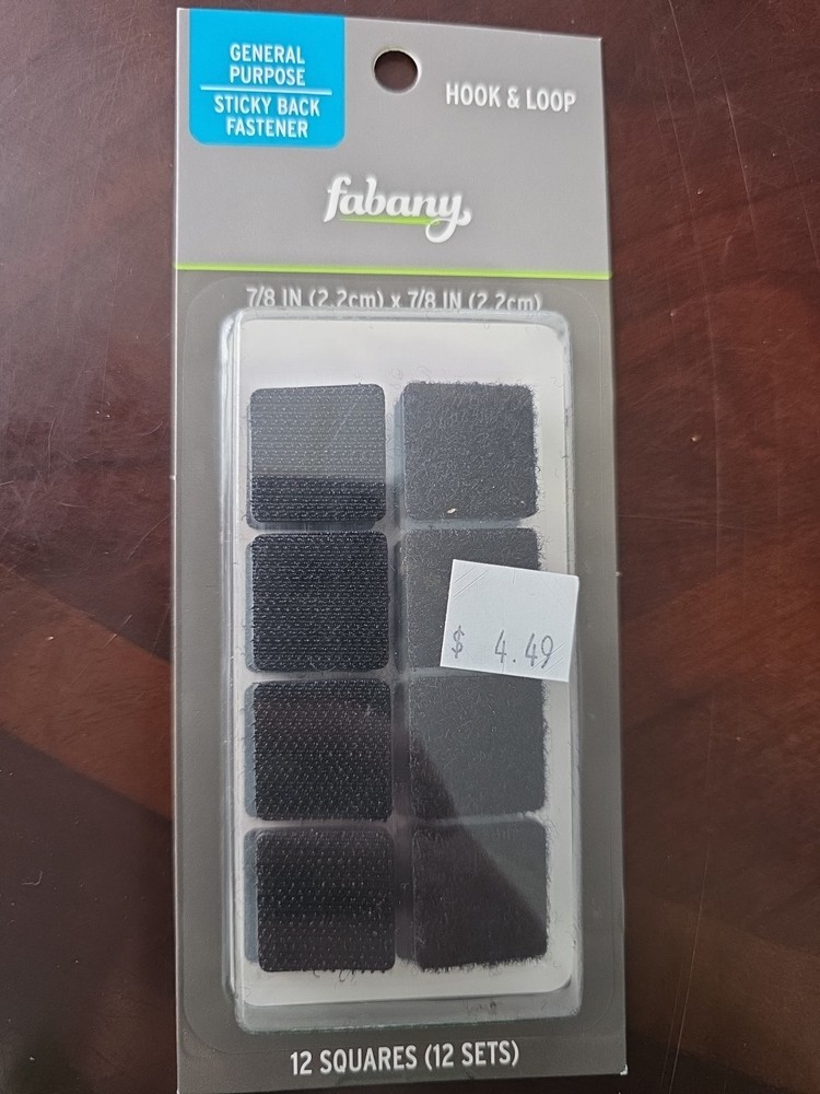 New (4) Fabany Sticky Back Fastener Hook & Loop Black 12 sets ea. 7/8" x 7/8"