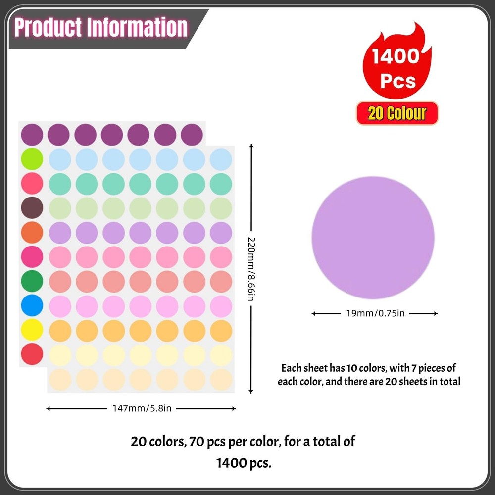 1400 PCS Colored Dot Stickers, 0.75" Round Color Coding 0.75 inch, 20