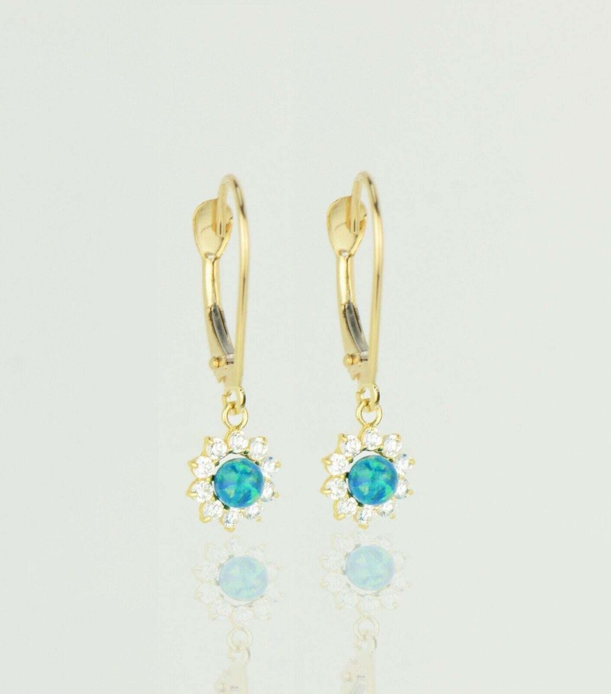 14k-Yellow-Gold-Opal Flower-CZ-Dangle-Earrings