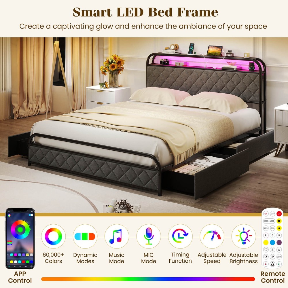 Queen Size Bed Frame with LED Lights & Charging Station Storage Headboard