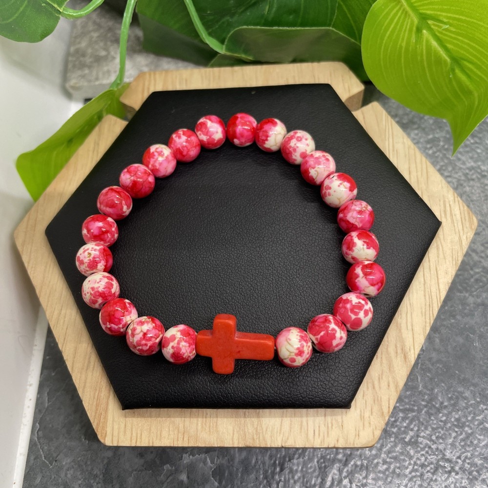 Handmade Beaded Stackable 6.5” Plus Stretch Bracelet Stone Cross New B6283