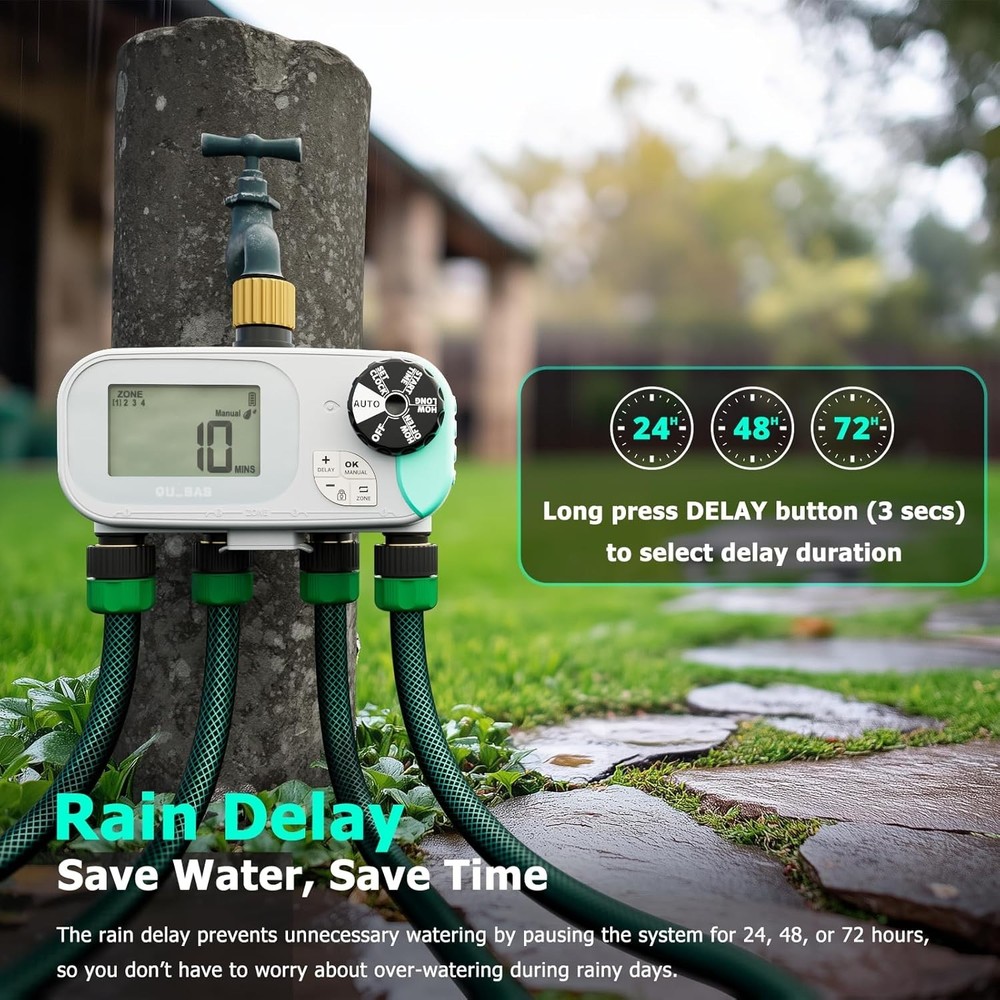 4 Zone Water Timer, Programmable Sprinkler Timer for Garden Hose with Rain Delay