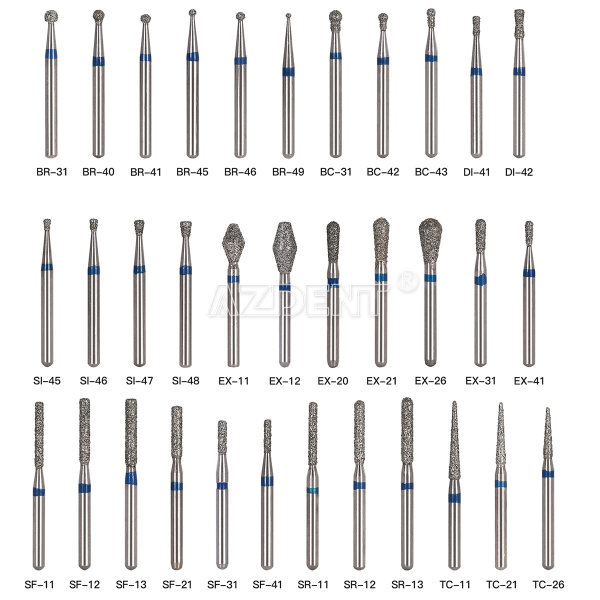 100 Types AZDENT Dental FG Diamond Burs For High Speed Handpiece Friction Grip