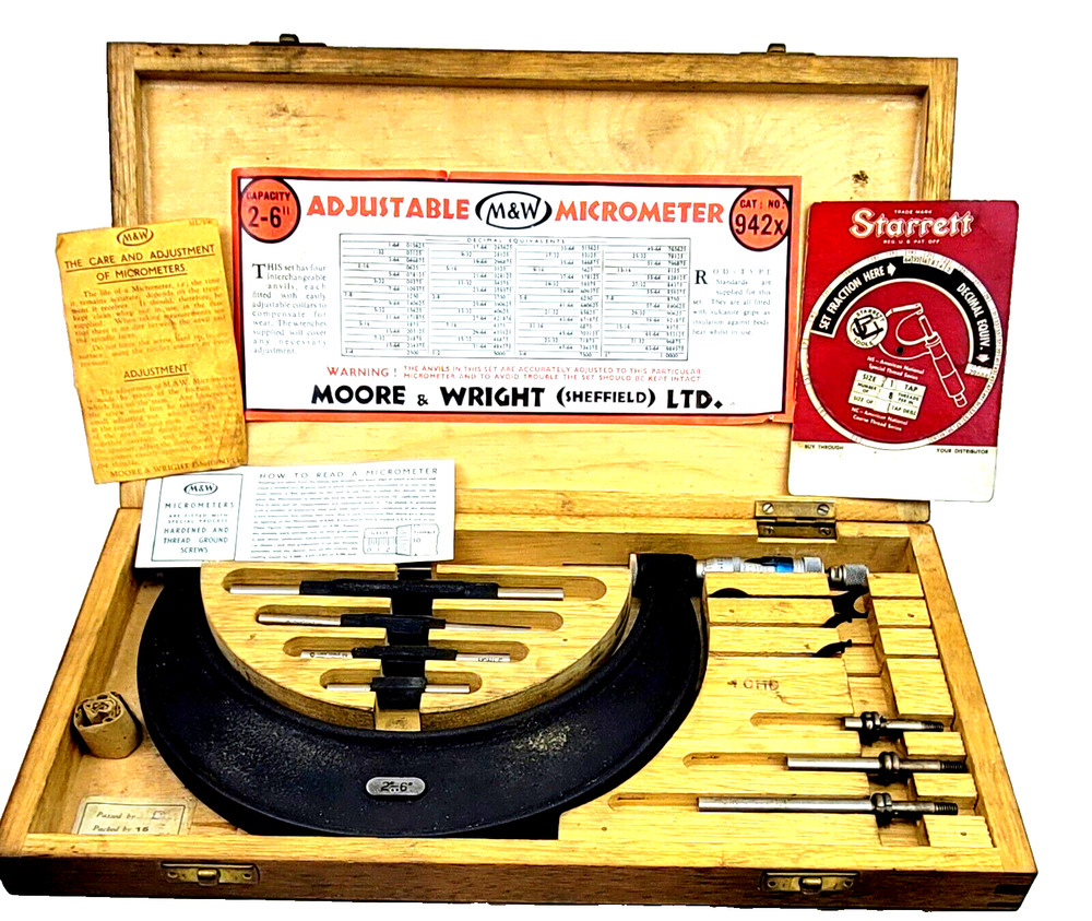 Adjustable Moore And Wright Micrometer No 942X  2" - 6" & Wood Box Britain Made