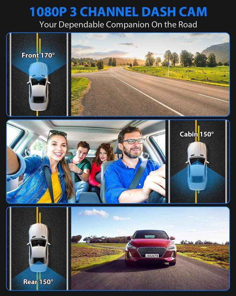 Triple Dash Camera 170° Front + 150° Cabin + Rear Waterproof