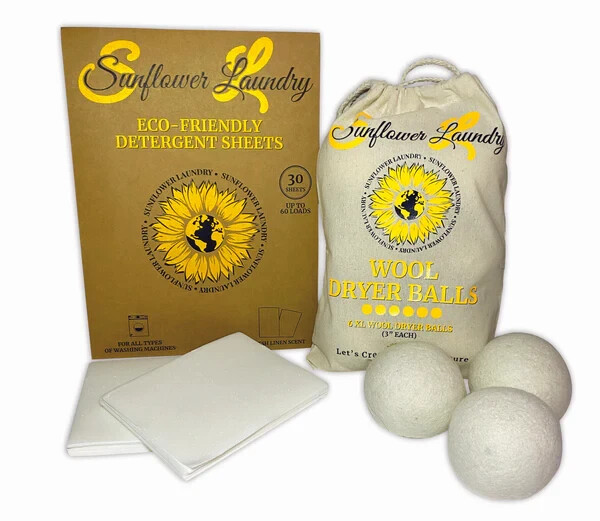 SunflowerLaundry Eco-Friendly Laundry Wool Dryer Balls & Detergent Sheets Bundle