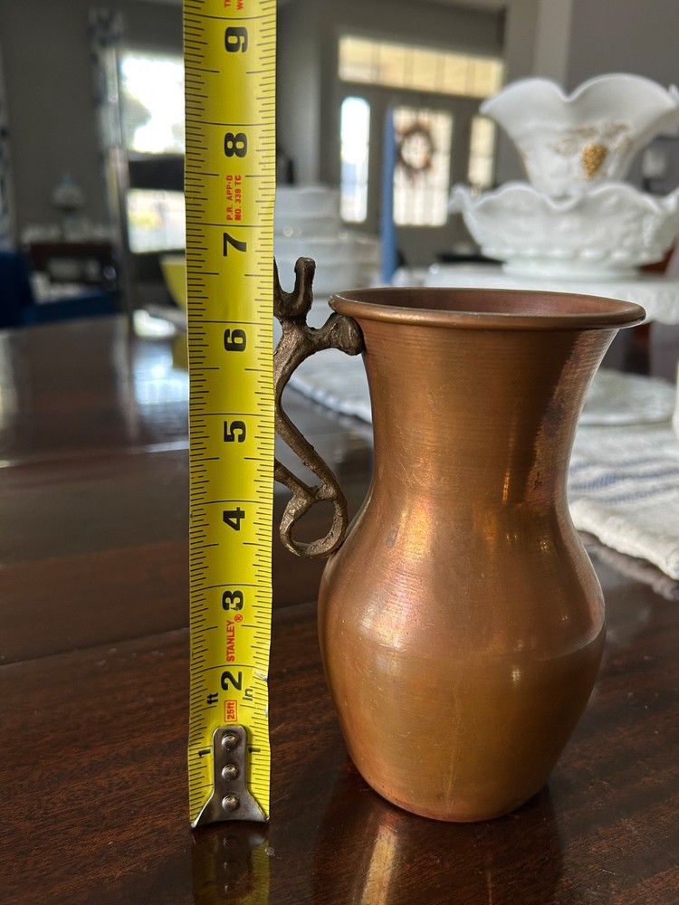 Antique Copper Ewer Pitcher Stylized Copper Handle Persian Home Décor 6 ½”