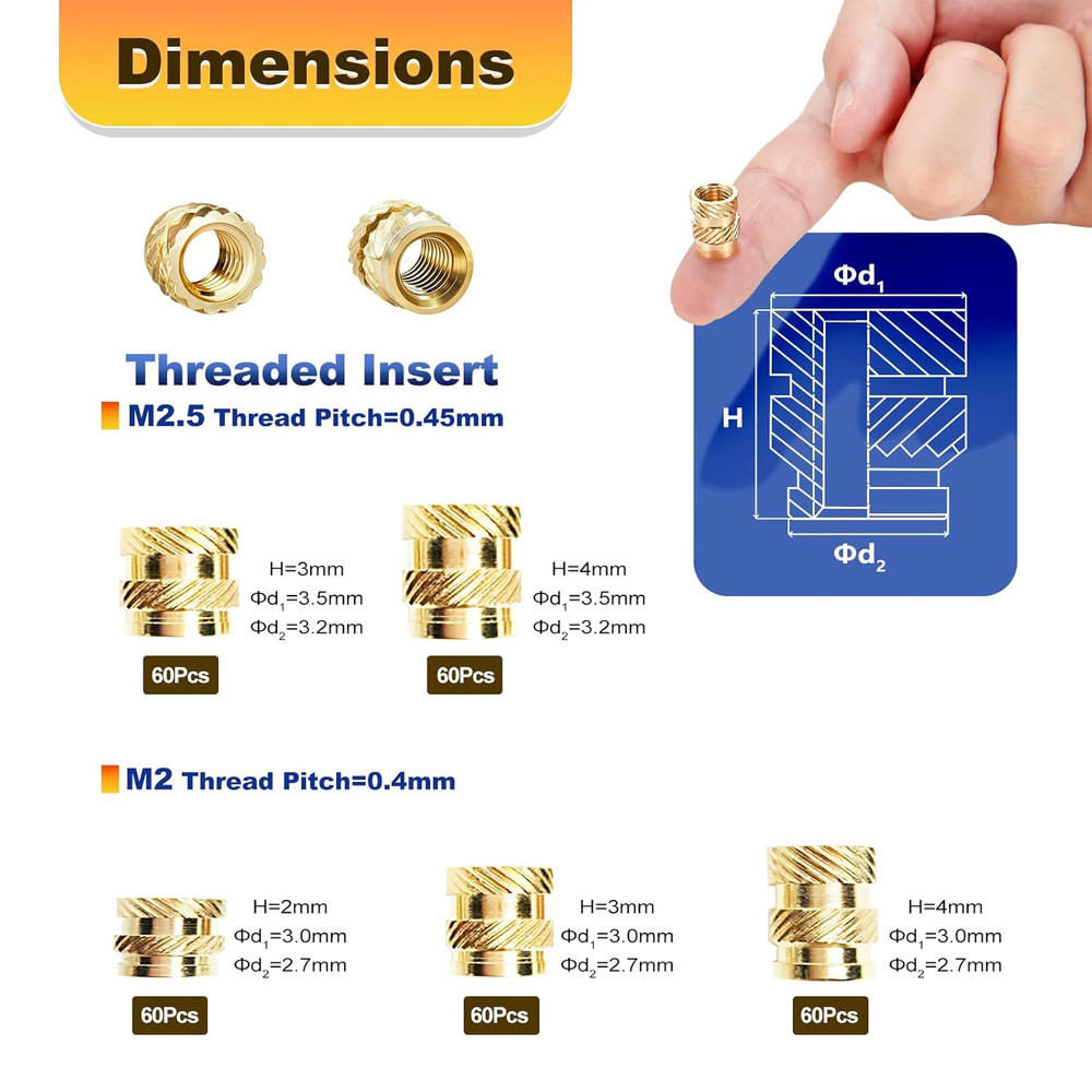 300 Pcs M2 M2.5 Threaded Inserts for Plastic with Heat Set Tips,M2 & M2.5 Heat S