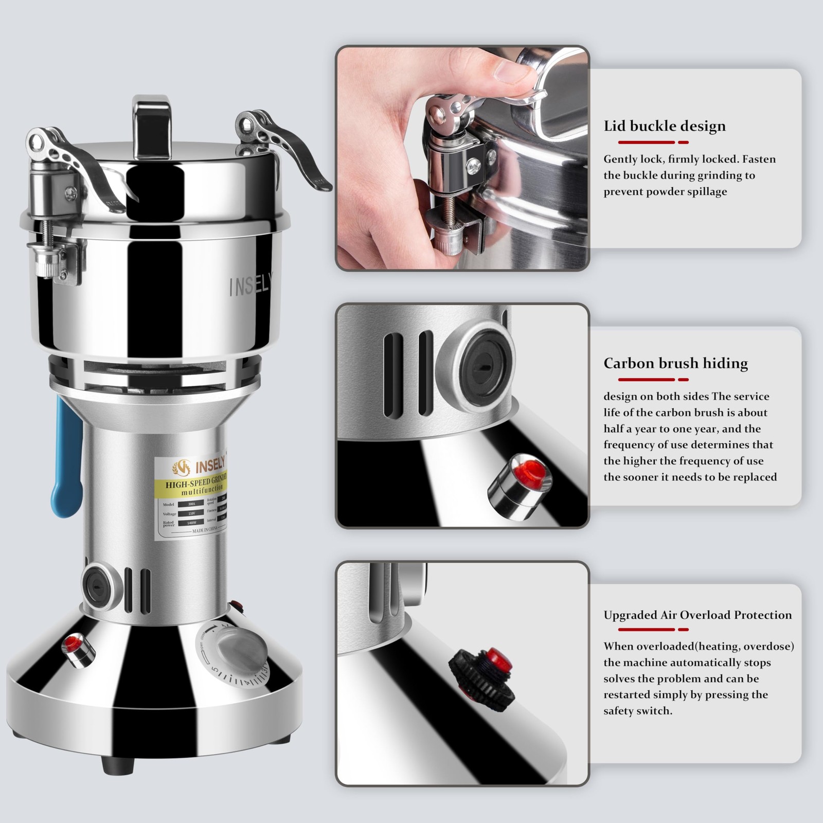 Grain Mill Grinder High Speed Stainless Steel Seeds Flour Miller 700g Pro