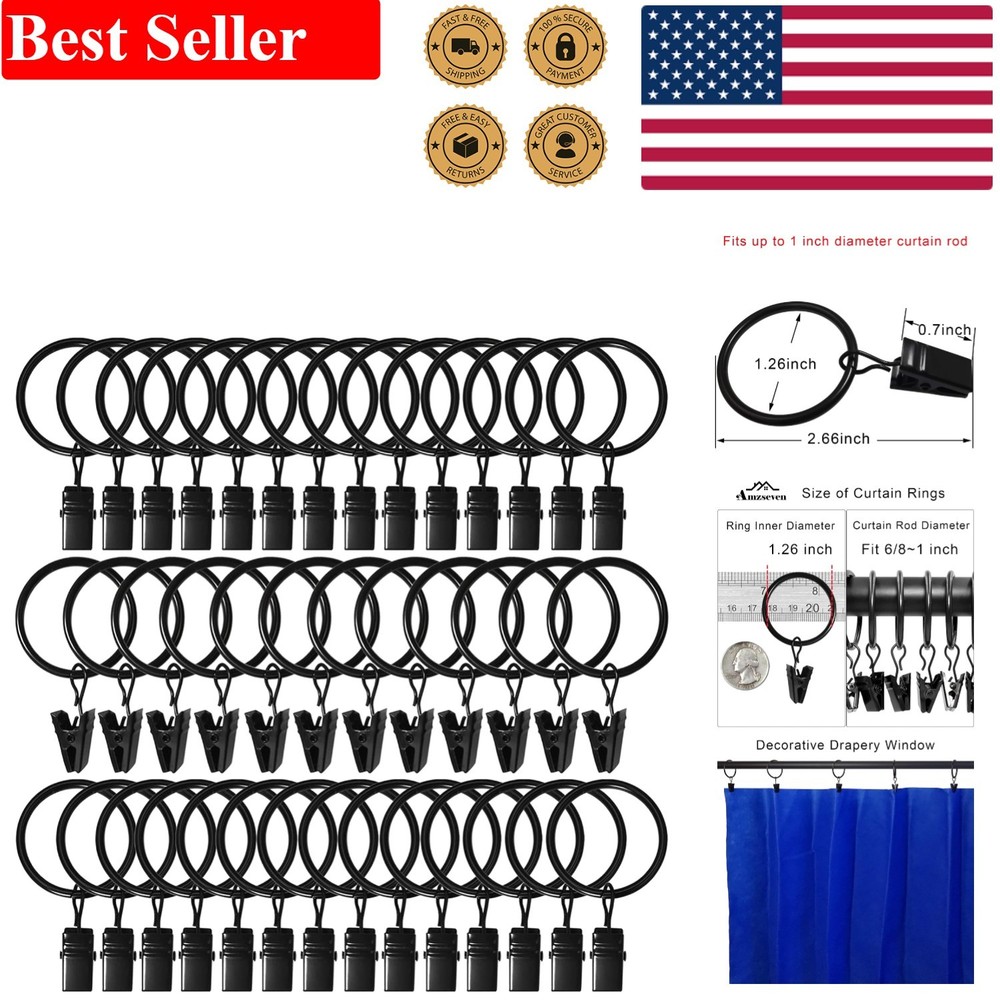 Versatile 40 Pack Black Drapery Clips & Rings – 1.26“ Diameter, Rustproof Design