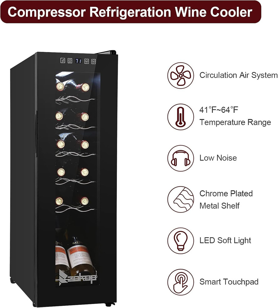 12 Bottle Compressor Wine Cooler Refrigerator Adjustable Temperature Mini Fridge