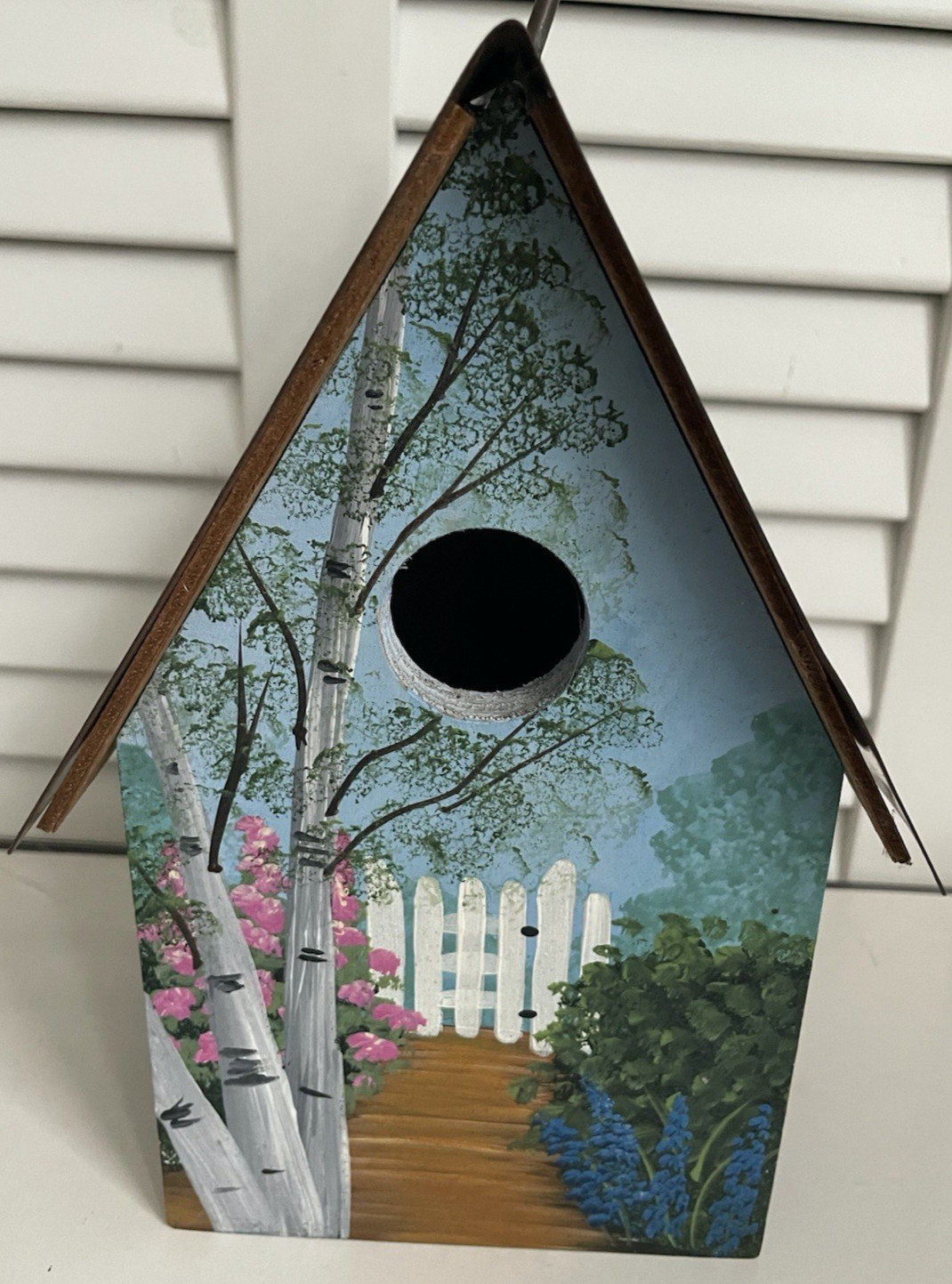 Vtg Hand Painted Birdhouse Copper Roof Polly's Perch similar 'The Art Dept' 1996