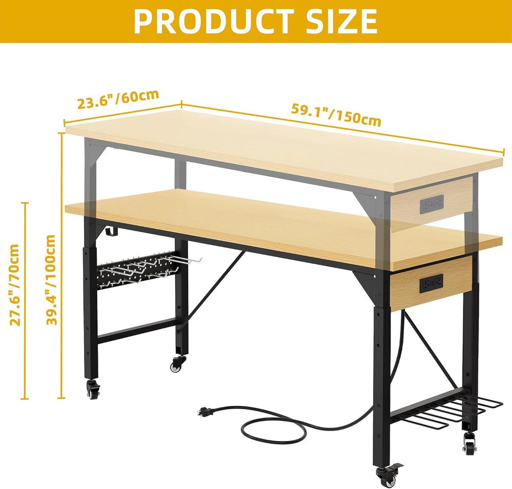 60" Adjustable Workbench on Wheels, Garage Tool Work Bench with Outlets & Wheels
