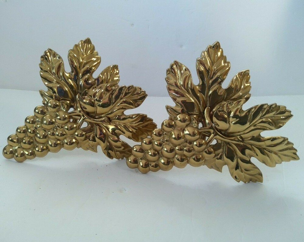 Curtain Tie Backs Pair (2)  Brass 7"  Wall Mount Leaf Grape Clusters New