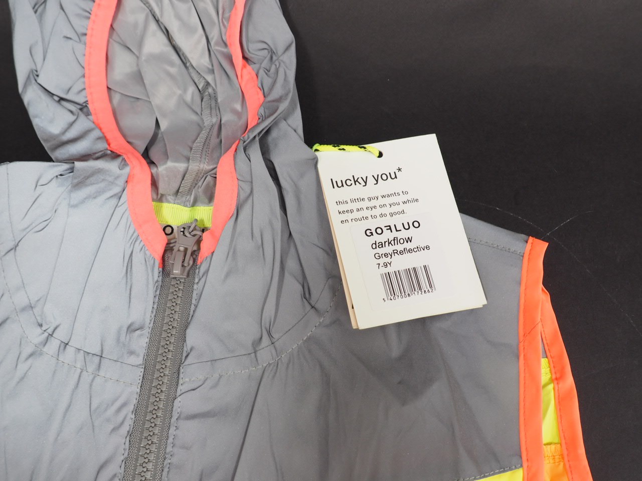 New! GOFLUO Darkflow Reflective Hooded Vest Youth Size 7-9Y Grey Reflective Neon