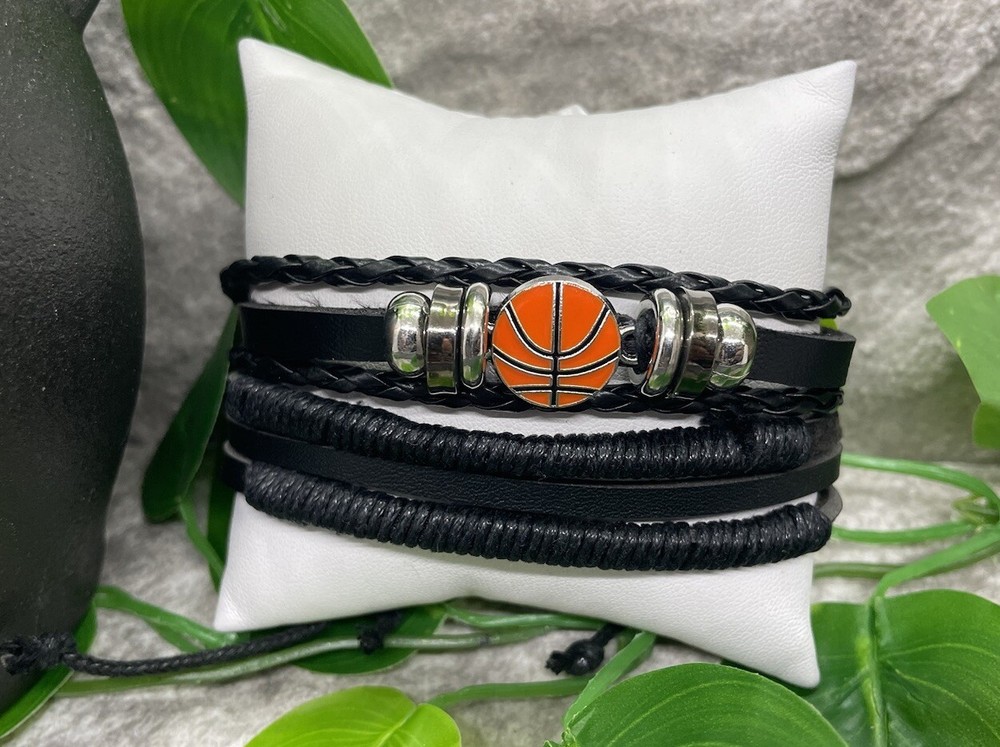 2 PC Basketball Leather Bracelet Stackable Adjustable Tie New B2810