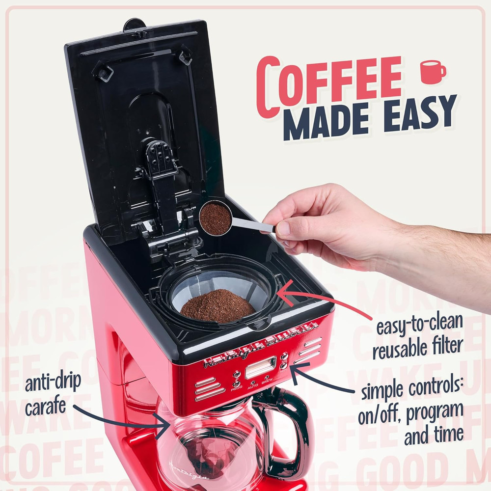 Nostalgia Retro 12-Cup Programmable Coffee Maker with LED Display, Automatic Shu