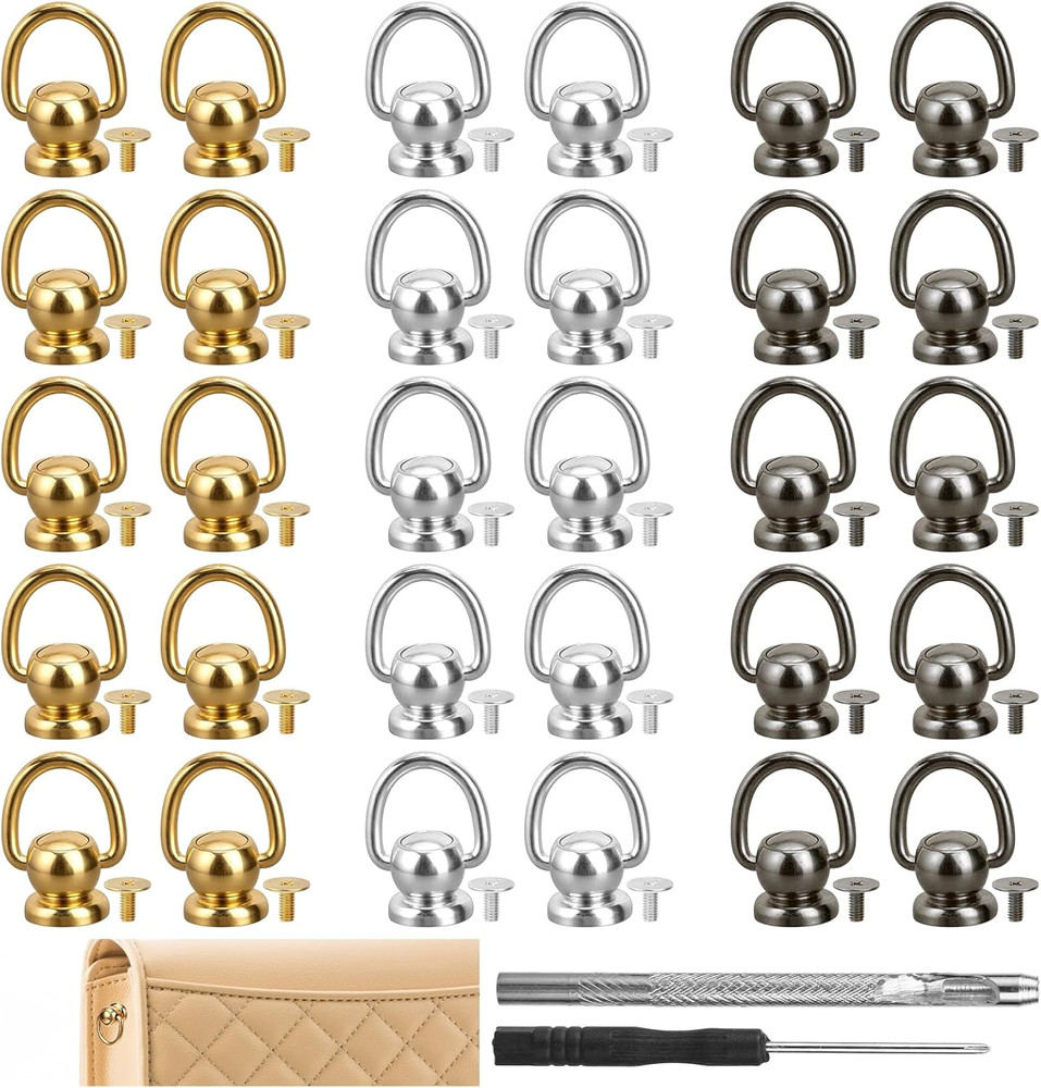 32 PCS Brass Ball Studs Rivets D Ring, Crossbody Conversion Kit, 360°Rotatable L
