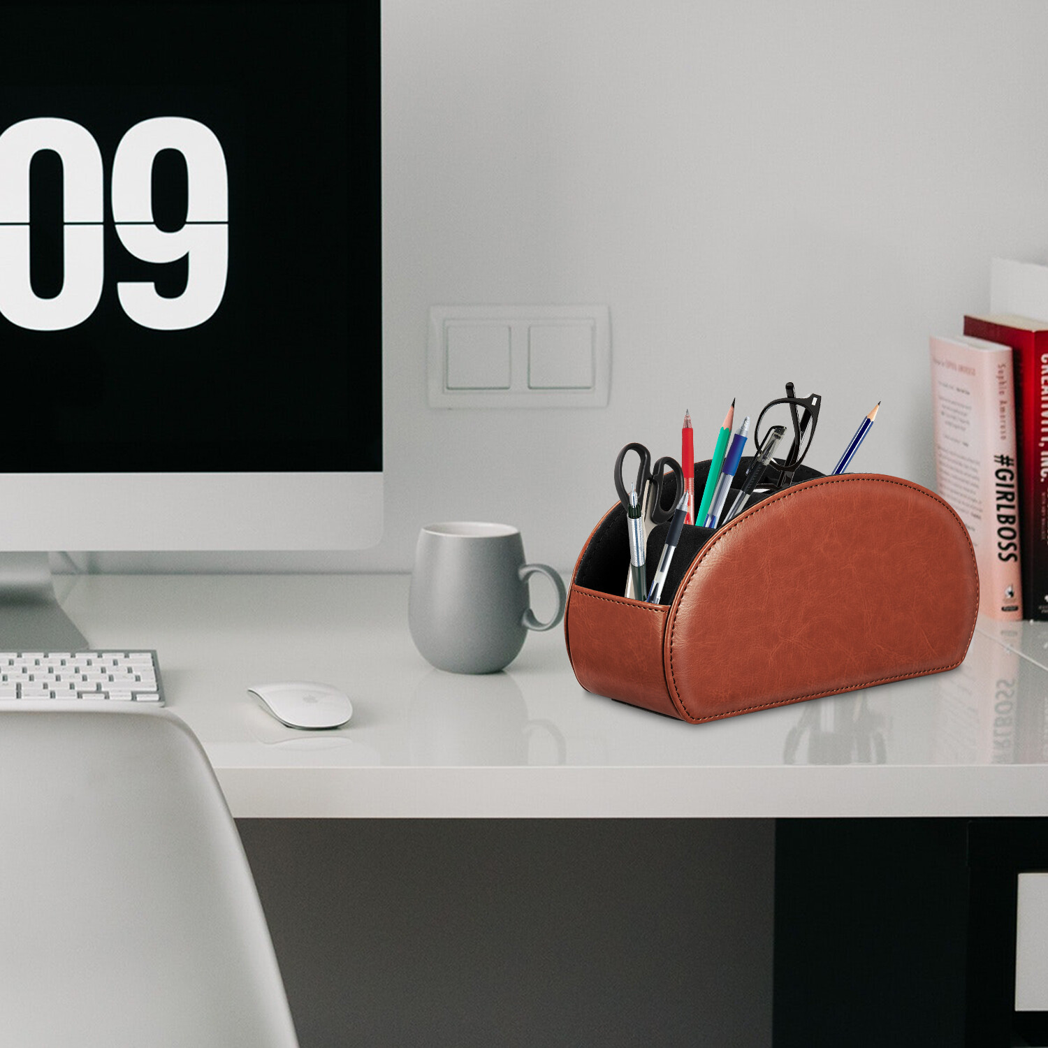 TV Remote Control Holder Leather Caddy Office Desktop Organizer 5 Compartments