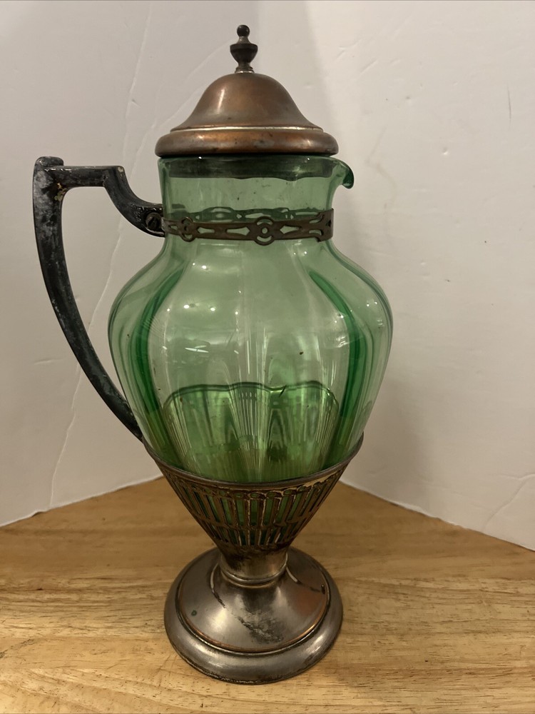 Cresent silver triple plate silver & Green glass pitcher.