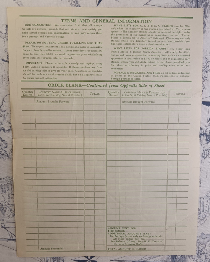Vintage 1950s H. E. Harris & Co. Stamps Order Form Blank Unused