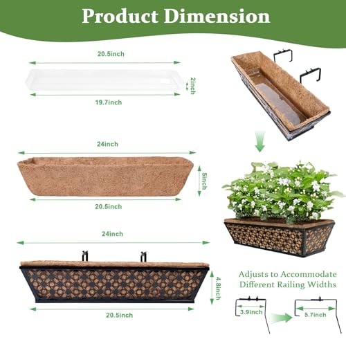 Window Planter Box with Adjustable Bracket and Coco Liner for 24 inch 4 pcs