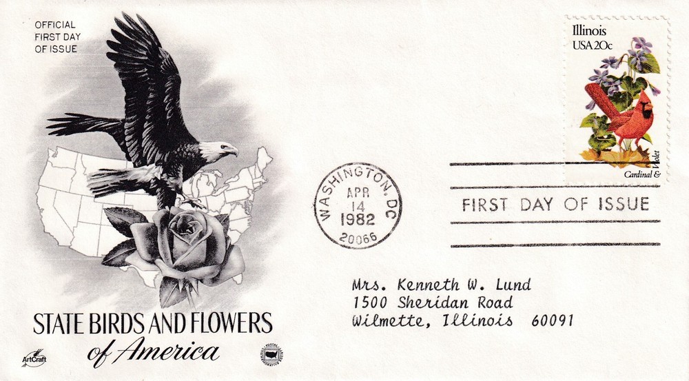 STAMP US SCOTT 1965 "Illinois State Birds & Flower" 20 CENT FDC 1982 - C
