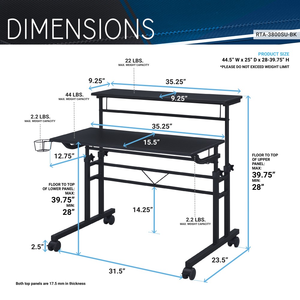 Height-Adjustable Rolling Desk - Mobile Writing Table w/ Movable Shelf - Office