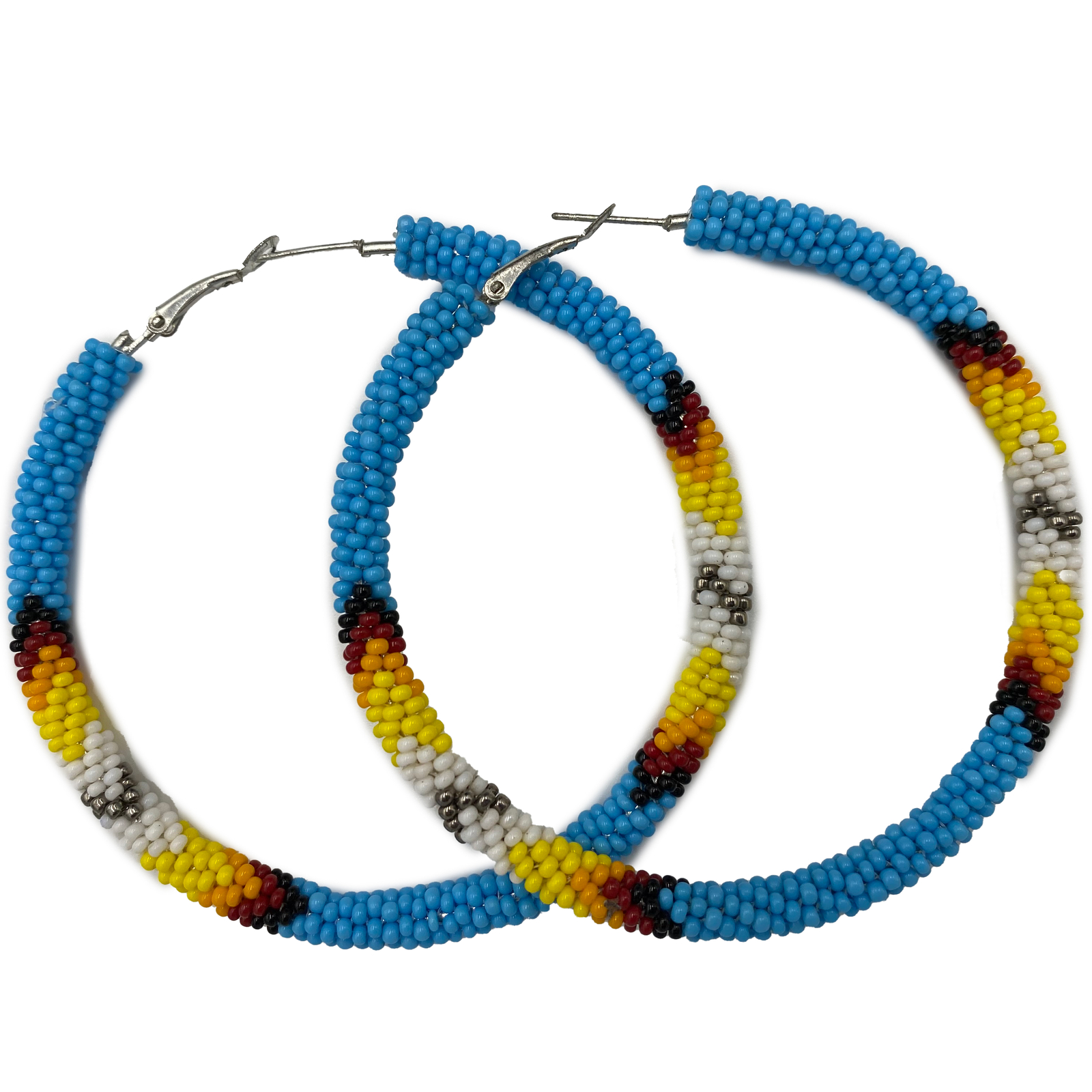 Handmade Beaded Cyan Blue 3-inch Lever back Hoop Earrings