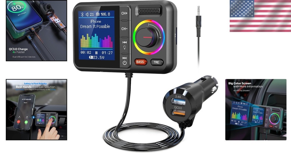 Bluetooth FM Transmitter for Car, Wireless Car Bluetooth V5.0 Adapter with Bi...