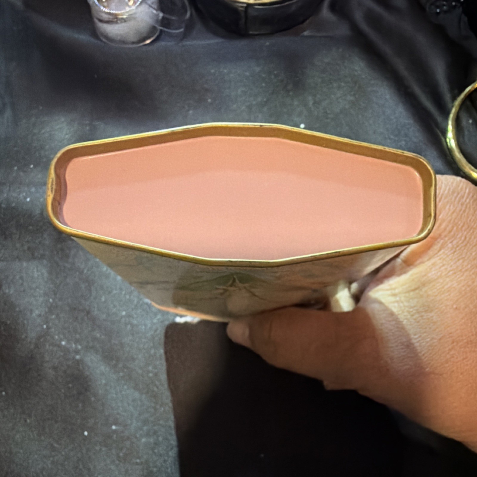 Coty Muguet des Bois Talcum Powder Advertising Tin 4 oz Beige Green Gold