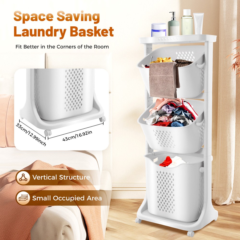 3 Layers Rolling Laundry Basket Clothes Hamper Storage Organizer Sorter Shelf
