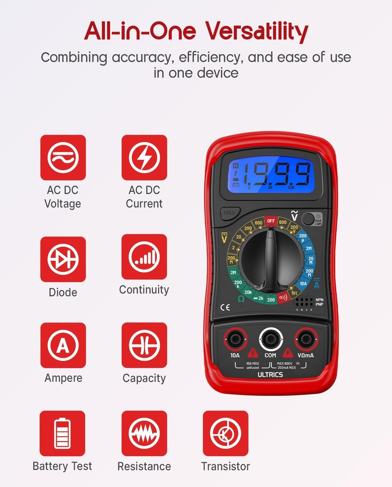 ULTRICS Digital Multimeter, Voltmeter Ammeter Ohmmeter with Test Leads Red